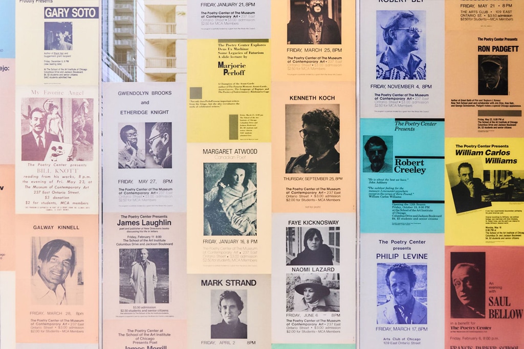 Broadsides on view at “A Bigger Table: 50 Years of the Chicago Poetry Center,“ at the Poetry Foundation. Photo by Sarah Joyce