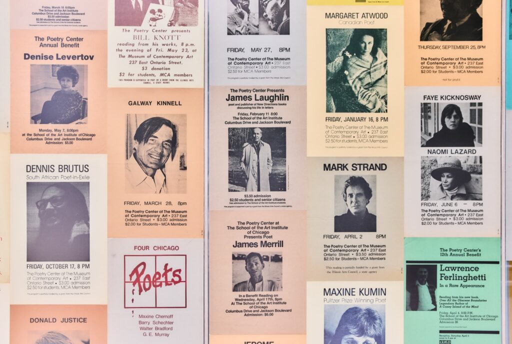 Chicago Poetry Center History: Broadsides on view at "A Bigger Table: 50 Years of the Chicago Poetry Center" at the Poetry Foundation. Photo by Sarah Joyce.